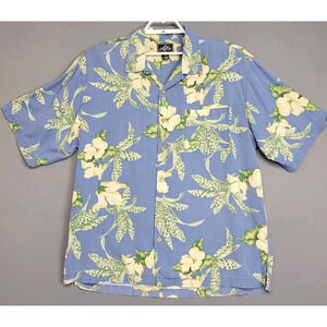 Bermuda Bay 100% Silk Shirt Mens L Blue Hawaiian Buttons Floral Short‎ Sleeve